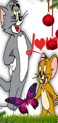 Enjoy a cozy and festive live wallpaper featuring two sweet cats in a classic cartoon art style