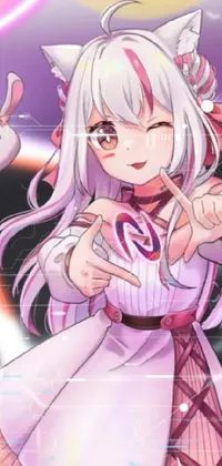 This lively phone live wallpaper features a white and pink robotic catgirl, exhibiting an anime-inspired furry art aesthetic