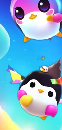 This lively wallpaper depicts two flying penguins against a vibrant backdrop in a bottom angle, perfect for iPhone
