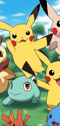 Looking for a Pokemon live wallpaper for your phone? Check out this exciting group of Pokemon standing together in a triumphant pose, set against a vibrant blue and yellow background