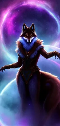 This enchanting phone live wallpaper boasts a captivating blend of furry and fantasy art, featuring an alluring image of a woman with a wolf on her back, set against an intricate astral background with an infinity symbol