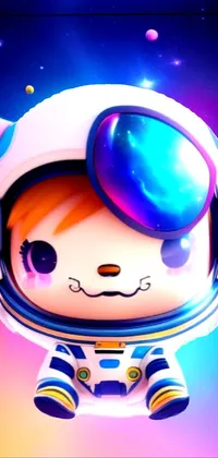 This live phone wallpaper depicts a close-up of a person in a space suit, accompanied by a cute kawaii cat