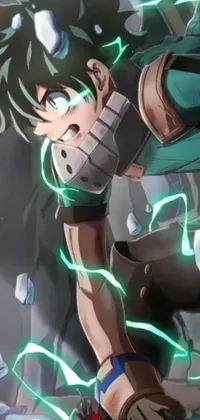 This live phone wallpaper features a close-up of a skateboarder in teal clothes slicing through Titans with their blades in a stylized cityscape