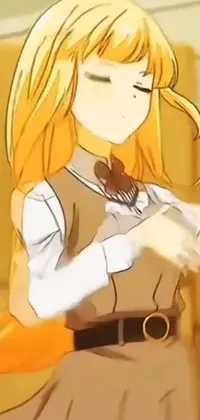 This anime-themed live wallpaper features an intricate and vibrant drawing of a blond-haired schoolgirl holding a knife and fork