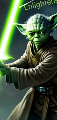 This phone live wallpaper features a striking close up of a person wielding a light saber with power and precision