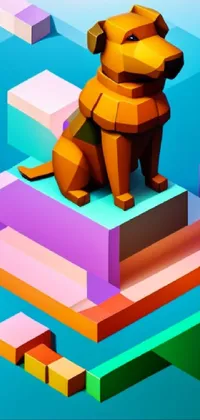 This live phone wallpaper features a charming dog in a low polygon style, sitting atop blocks that are set against a vibrant, multi-colored environment