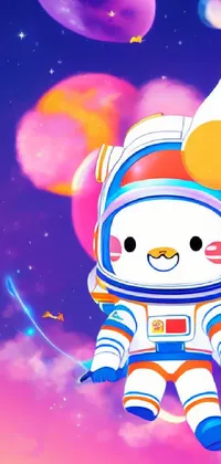 Looking for a fun and vibrant smartphone background? Check out this close-up view of a person in a space suit! Inspired by space art and featuring cute cartoon-style graphics, this live wallpaper is perfect for anyone who loves vivid, colorful designs