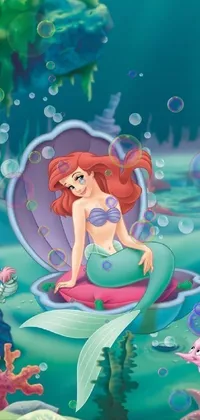 This lively and colorful live wallpaper features a beautiful little mermaid, based on a popular character from a beloved Disney movie, sitting on top of a shell in the foreground