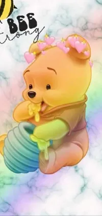 This mobile live wallpaper features a delightful cartoon animation showcasing Winnie the Pooh joyfully clutching a honey pot amidst a colorful digital rendering with rainbows, smileys, and confetti strings