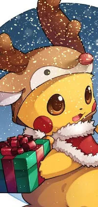 This live wallpaper features Pikachu, a beloved Pokemon character, wearing a festive Christmas outfit and holding a wrapped gift