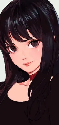 This live wallpaper showcases an anime drawing of a woman with long black hair and bangs, surrounded by pink cherry blossoms, creating a serene and peaceful atmosphere