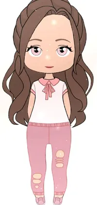 This cartoon phone live wallpaper showcases an adorable girl with auburn locks, dressed in vibrant pink trousers and a cute top