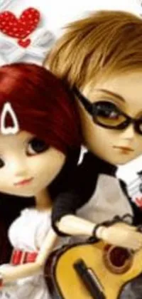 The phone live wallpaper showcases two dolls sitting together, with one holding a guitar and the other wearing trendy red sunglasses