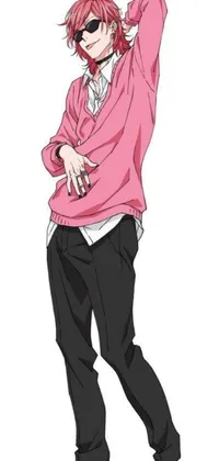 This live phone wallpaper showcases a mesmerizing image in the lineart style of shin hanga, featuring a person dressed in a charming pink sweater and trendy black pants striking a playful pose