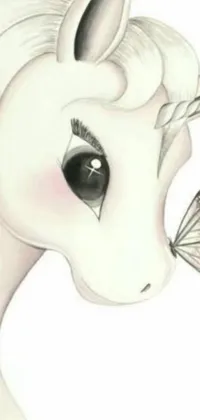 This live wallpaper for your phone features a charming illustration of a unicorn with a butterfly resting on its nose