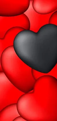 This live wallpaper exudes bold and playful energy, featuring a central black heart encircled by numerous smaller red hearts