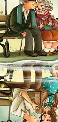 This phone live wallpaper showcases a charming scene of a seated couple, a cartoon character half-submerged in water, and a multilayered photograph with an optical illusion and multiple perspectives