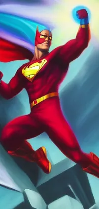 This live wallpaper features a detailed painting of a superhero in a red costume with a large scarlet phoenix in the background