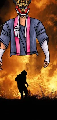 This phone live wallpaper depicts a concept art of a man standing in front of a blazing fire in traditional Japanese clothing
