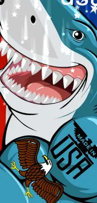This lively live wallpaper depicts a close up of a skateboard with a vivid caricature-style shark graphic, and a patriotic background in red, white, and blue