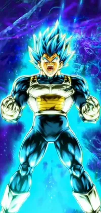 This live phone wallpaper features a high-energy digital art of a blue Vegeta from the popular anime series Dragon Ball, along with a Tor from Marvel and Quasar