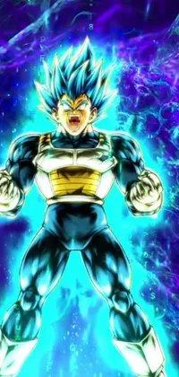This phone live wallpaper features a holographic image of the blue Vegeta from the popular Dragon Ball anime