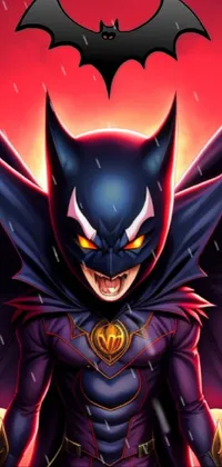 This phone live wallpaper features a bold and colorful vector art of a batgirl sporting a wicked smile