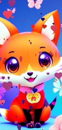 This phone live wallpaper depicts a cute cartoon fox sitting amid flowers in a lovely field