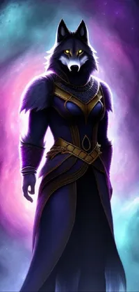 This live phone wallpaper features a captivating portrayal of a woman adorned in black and purple robes, space armor, and a shamanistic dark blue attire