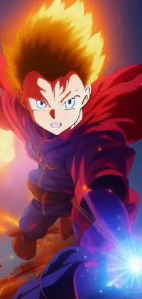 This phone live wallpaper showcases a stunning close-up of a person in mid-air, surrounded by a vibrant and fiery battle scene
