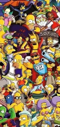 This phone live wallpaper features a colorful and comical group of Simpson characters, set against a vibrant, 90s-inspired pop-art backdrop