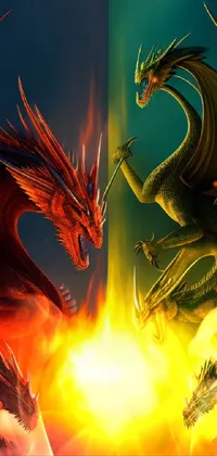 This live phone wallpaper showcases two striking dragons standing together in a captivating fantasy scene filled with flames in dazzling red and green hues