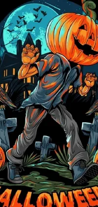 Get into the Halloween spirits with this live wallpaper for your phone! Featuring a spooky t-shirt decorated with an eerily-lit pumpkin carried by a mysterious figure, this digital art piece showcases a unique and surreal touch by a seasoned artist