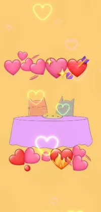 This charming phone live wallpaper showcases a lovely scene featuring two cute cats sitting on a small wooden table against a backdrop of a picture frame, whimsically designed with bows, strawberries, and fairy motifs