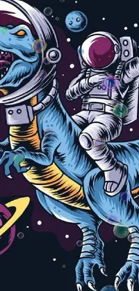 Enjoy a stunning live wallpaper for your phone with this astronaut riding on a dinosaur design! Featuring vector art, this image is vibrant and detailed with a space-themed backdrop