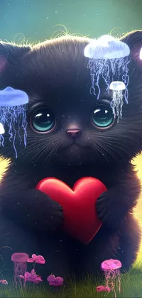 This live wallpaper features a cute 3D rendered black cat holding a shiny red heart