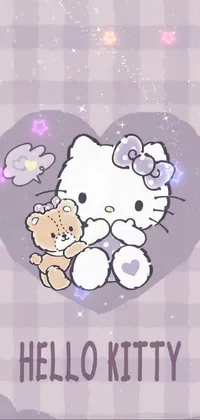 This phone live wallpaper features the popular character Hello Kitty and a cute teddy bear in a creative printmaking style