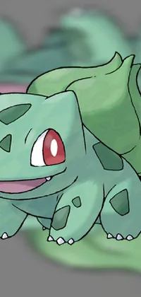 This animated live wallpaper features a green pokemon with red eyes, based on the character bulbasaur from a popular video game franchise