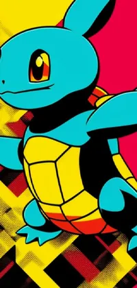 This phone live wallpaper showcases a cute blue and yellow pokemon character sitting on top of a vibrant red and yellow background