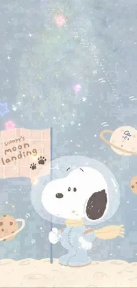 This phone live wallpaper features a charming cartoon dog exploring the vastness of space in a cute space suit