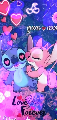 Looking for a delightful live wallpaper for your phone? Look no further than this sweet and charming design featuring two cute cartoon characters standing together against a colorful blue and pink backdrop