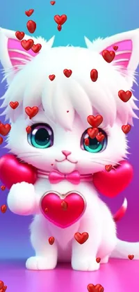 This phone live wallpaper showcases a delightful white feline clutching a vibrant red heart in its paws, crafted using digital art