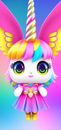 This phone live wallpaper showcases a close-up view of a doll dressed in a unicorn outfit