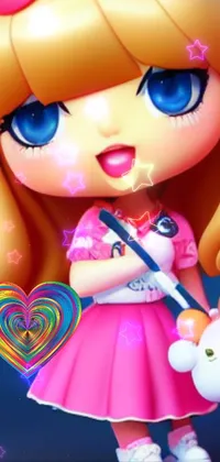 This live wallpaper depicts a Nendoroid-style doll holding a stuffed animal and a picture, based on a popular League of Legends character