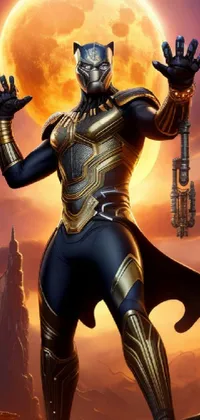 This live phone wallpaper features a regal black panther standing before a full moon, encased in a stylish gold and silver armour suit