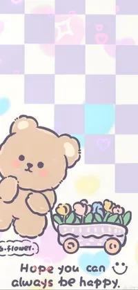Add a touch of playfulness to your phone screen with this cute and whimsical live wallpaper! Featuring a plush teddy bear pushing a cart filled with vibrant flowers and a picture frame, this design is inspired by the popular Tumblr style of sōsaku hanga - a unique blend of traditional Japanese woodblock printing and modern design elements