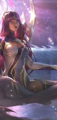 This phone live wallpaper showcases a powerful female warrior sitting on a rock with a sword in hand