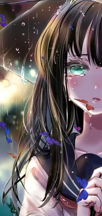 This phone live wallpaper features a stunning anime drawing of a girl caught in a rainstorm, holding an umbrella