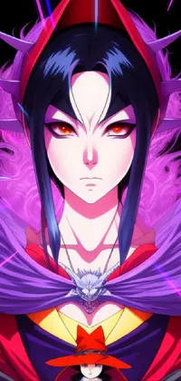 This live wallpaper for your phone showcases a stunning anime character donning a vibrant costume in shades of purple and red