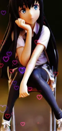 This engaging phone live wallpaper features a charming figurine of a teenage schoolgirl in the Japanese anime style, complete with long black hair and bangs